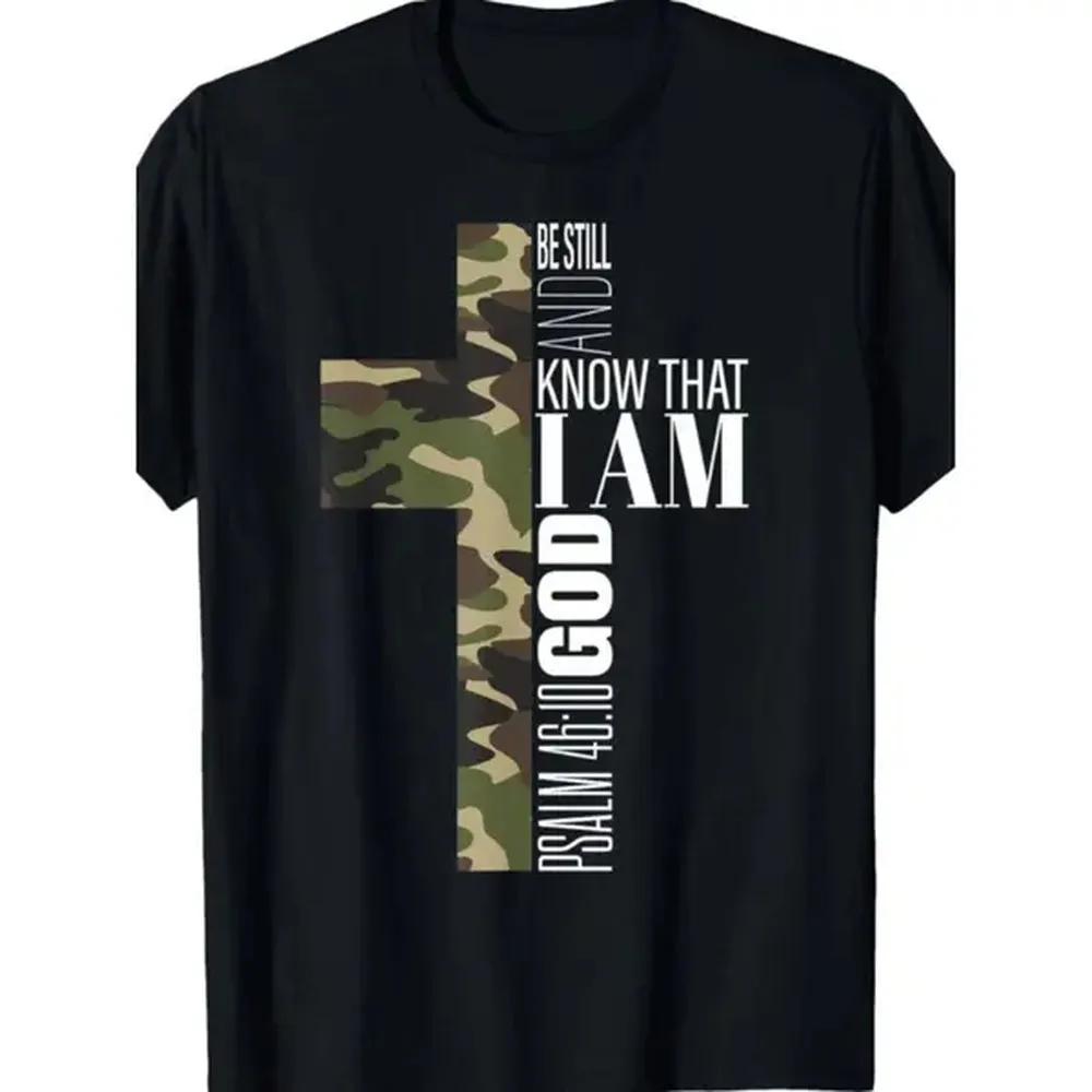 [100% Cotton] [100% Cotton] Men'S Be Still And Know God Verse T-Shirt - Black With Green Camo Cross Design T-Shirt For Men And Women