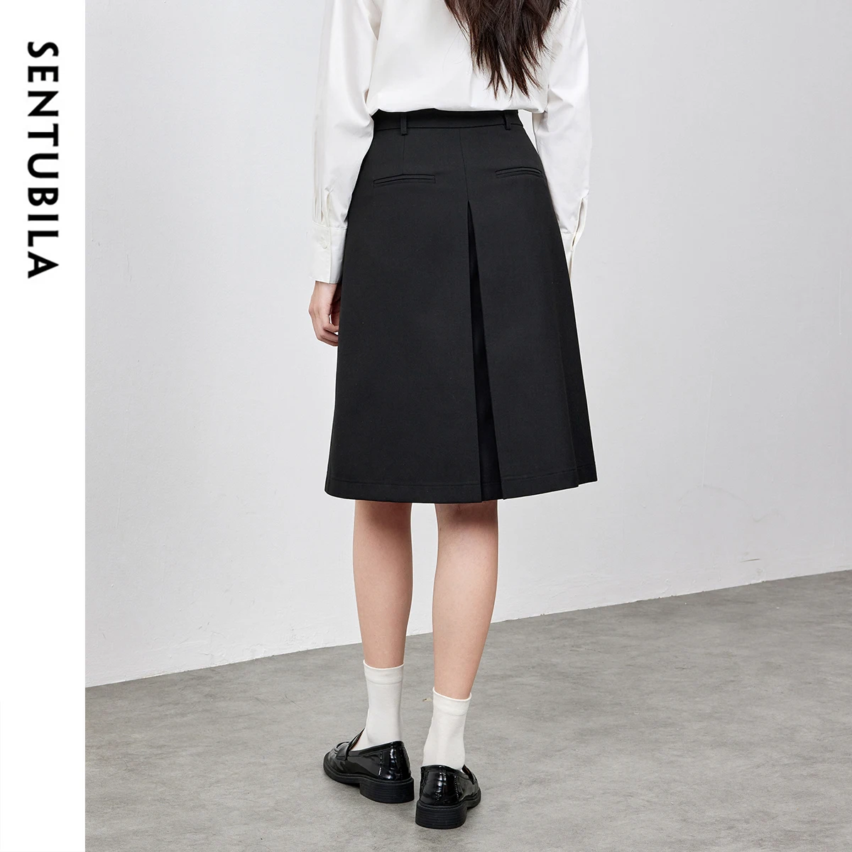 SENTUBILA Black Pleated Skirt Women's Clothing Trend 2025 Preppy Style Commute Mid-length Slit Skirts Summer Skirt 152Q58611