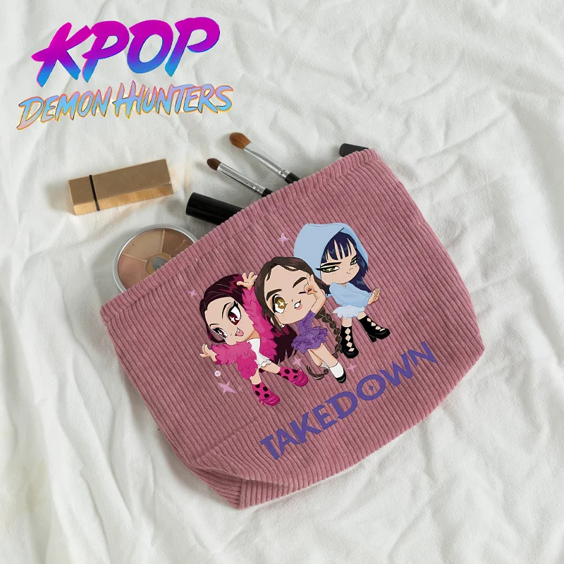 Demons Hunter Girls Cosmetic Bag Corduroy K Pop Cartoon Print Canvas Travel Portable Coin Bags Makeup Storage Zipper Purse Gifts