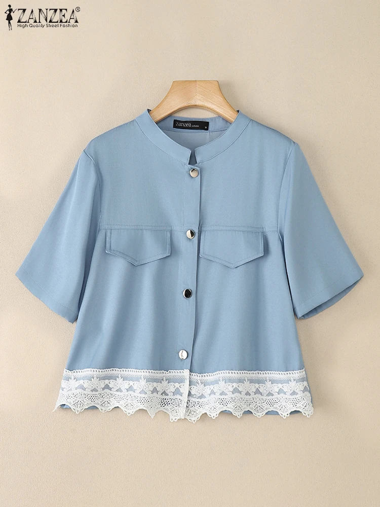 

ZANZEA Women Denim Shirts Lace Patchwork Tops Summer Short Sleeve Tunic 2025 Fashion Pockets Solid Color O-Neck Blusas S-3XL