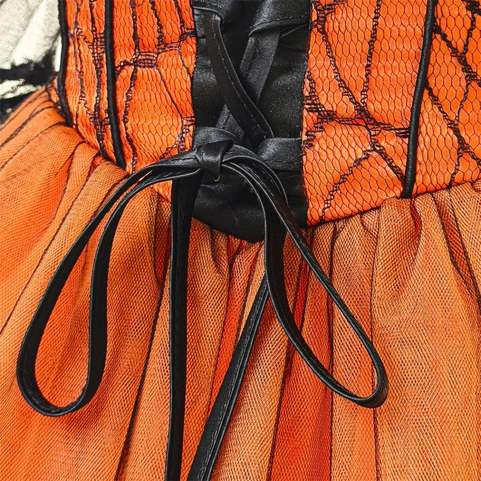 Mädchen Halloween Off-Shoulder Feder-Spitzenkleid Kinder Spinnennetz Tüll Tutu Kleid Schwarz Orange Cosplay Party Kostüm ASQ03 – Detail 10