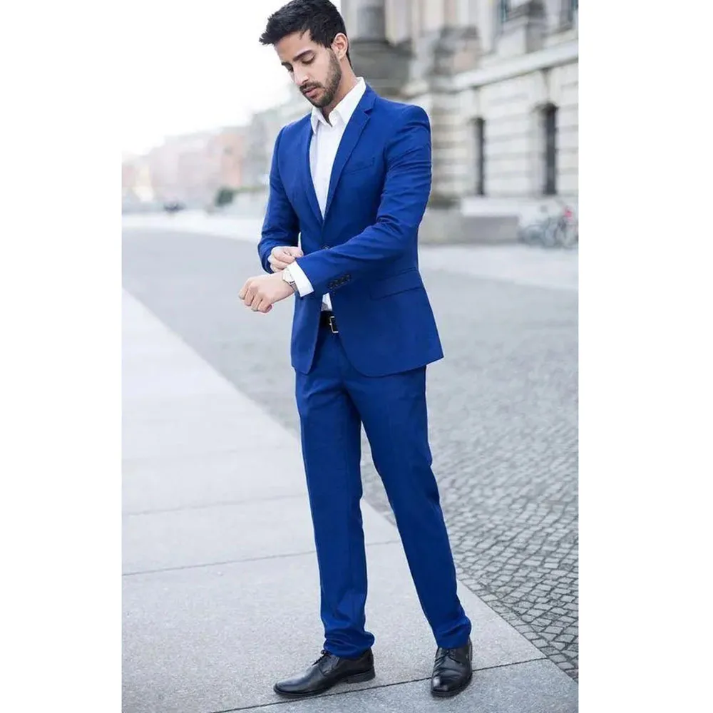 

Slim Fit Blue Skinny 2 Piece Jacket Pants Outfits High Quality Male Clothing Elegant Men's Suits Business Wedding Tuxedos Blazer