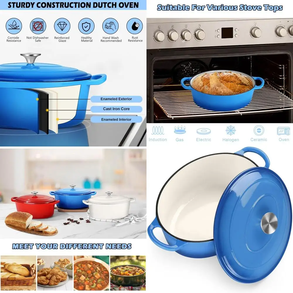 

Enameled Cast Iron Dutch Oven, 5 Quart, Bread Baking, Stewing, Braising, Frying, Suitable for All Stoves, Easy Cleanup, Blue