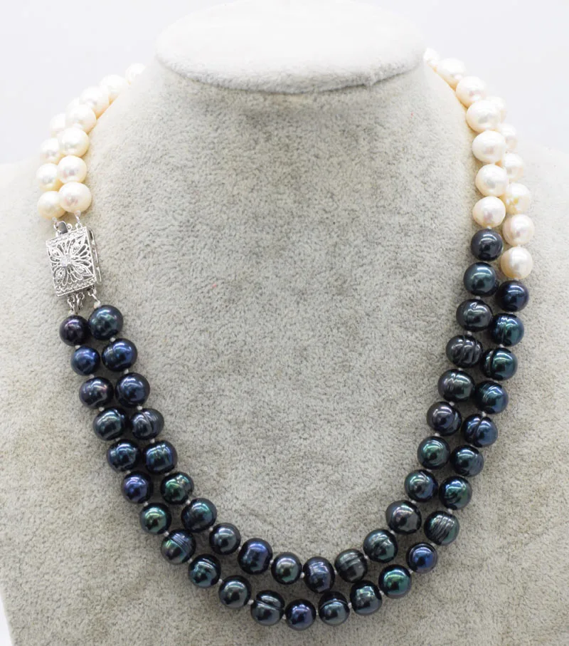 

2rows white black freshwater pearl round 9-10mm necklace 17-18inch wholesale beads nature gift discount