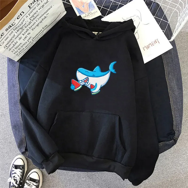 

Cute Baby Shark Holding Watermelon Print Hoodies Teens Cartoon Graphic Streetwear Spring Loose Sweatshirts Male Pullover Top