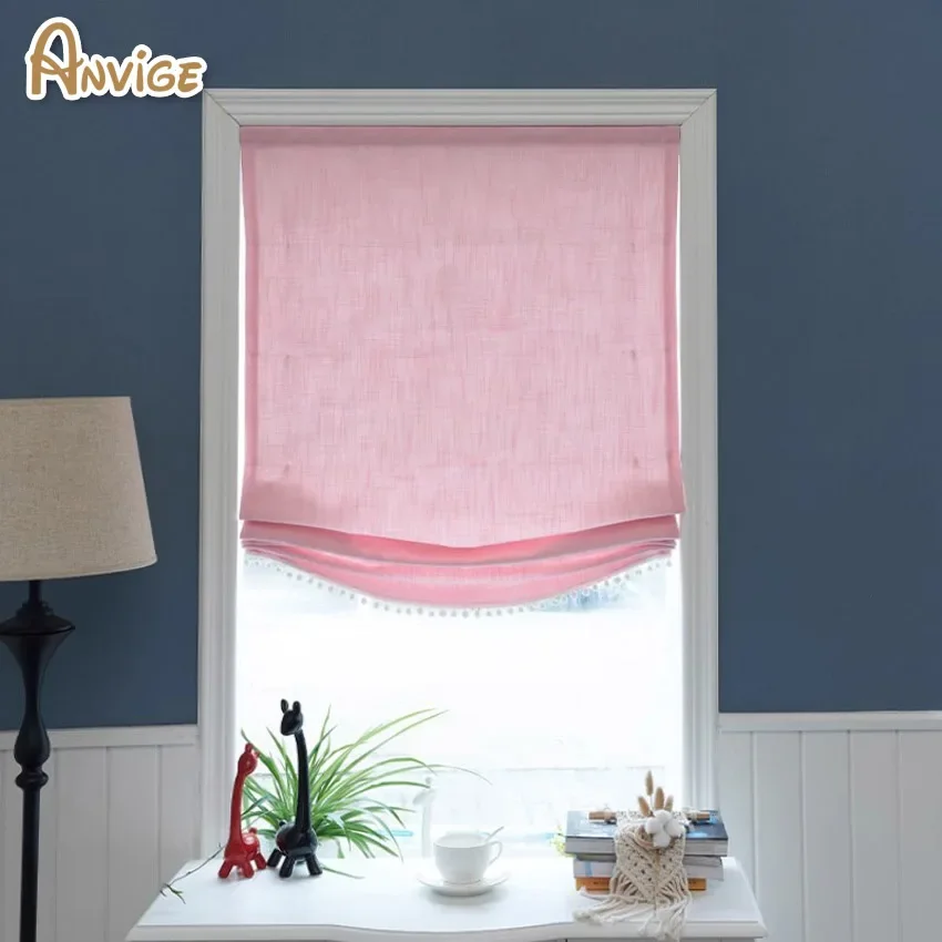 Modern Motorized Cotton Linen Pink Color Relaxed Roman Shades Customized Roman Blinds With Installation Included