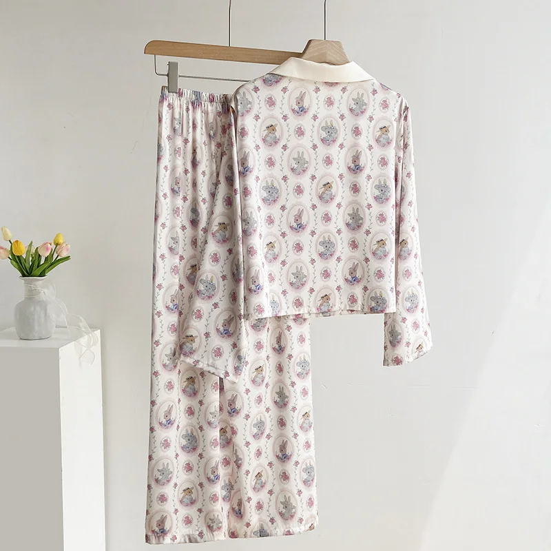 Spring Autumn New Female Pajamas Trouser Suits Sweet Print Cartoon Lounge Wear Sleepwear Lingerie Loose Satin Home Wear Pyjama image 5
