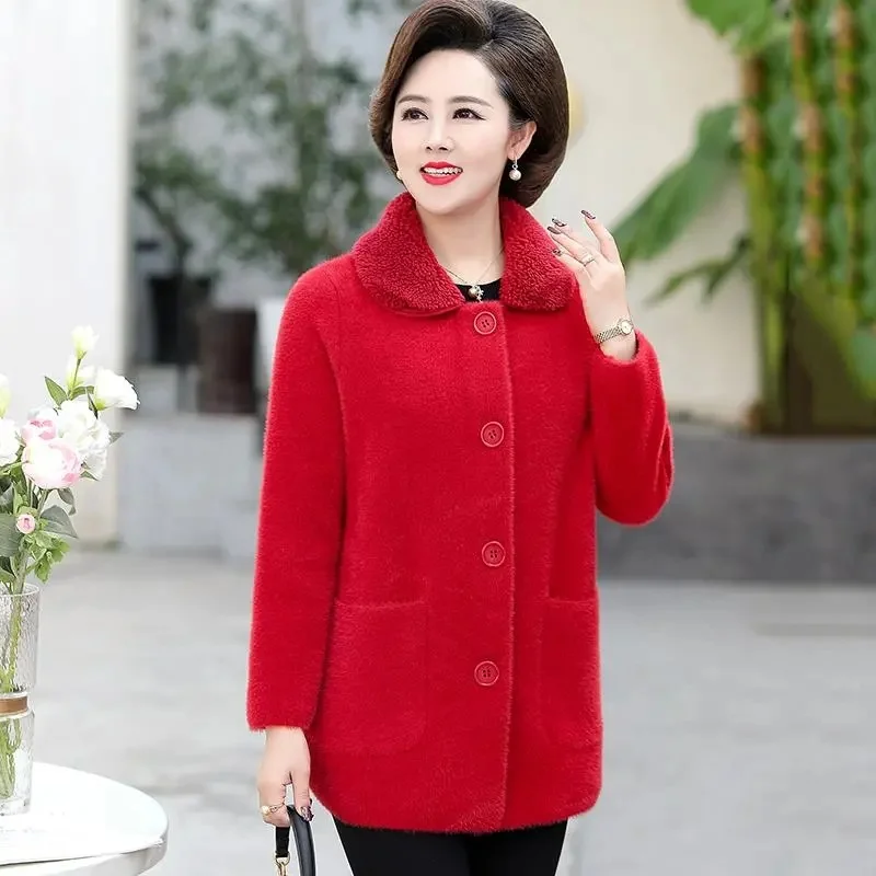 Autumn Winter Middle Aged Mother Woolen Coat Korean Women  Long Sleeves Lmitation Mink Fur Jacket 2025 Female Large Size 5XL Top