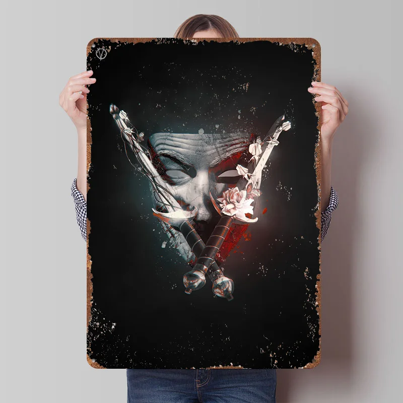 V for Vendetta Mask and Swords Movies Printed Poster Customized Wall Art Retro Vintage Metal Tin Signs for Decoration Room House