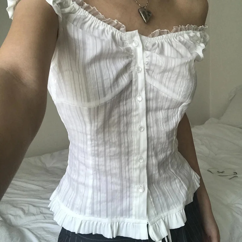 Camisetas de um ombro com emenda e seios de renda pura, cintura abraçando, top sexy estilo menina para mulheres