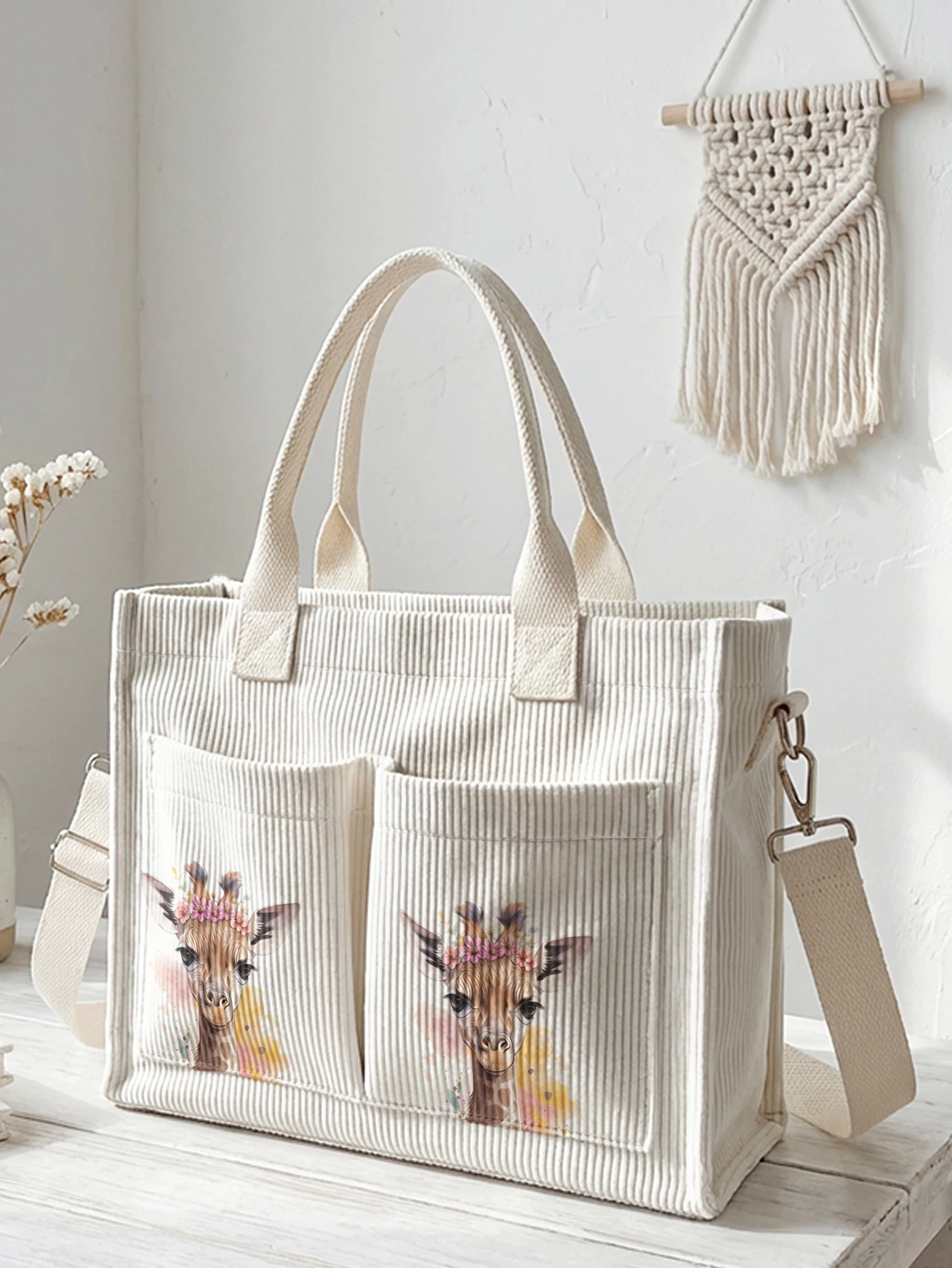 

Cute Giraffe with Flower Crown Print Corduroy Tote Bag Large Capacity Multi Pocket Commuter Shoulder Bag