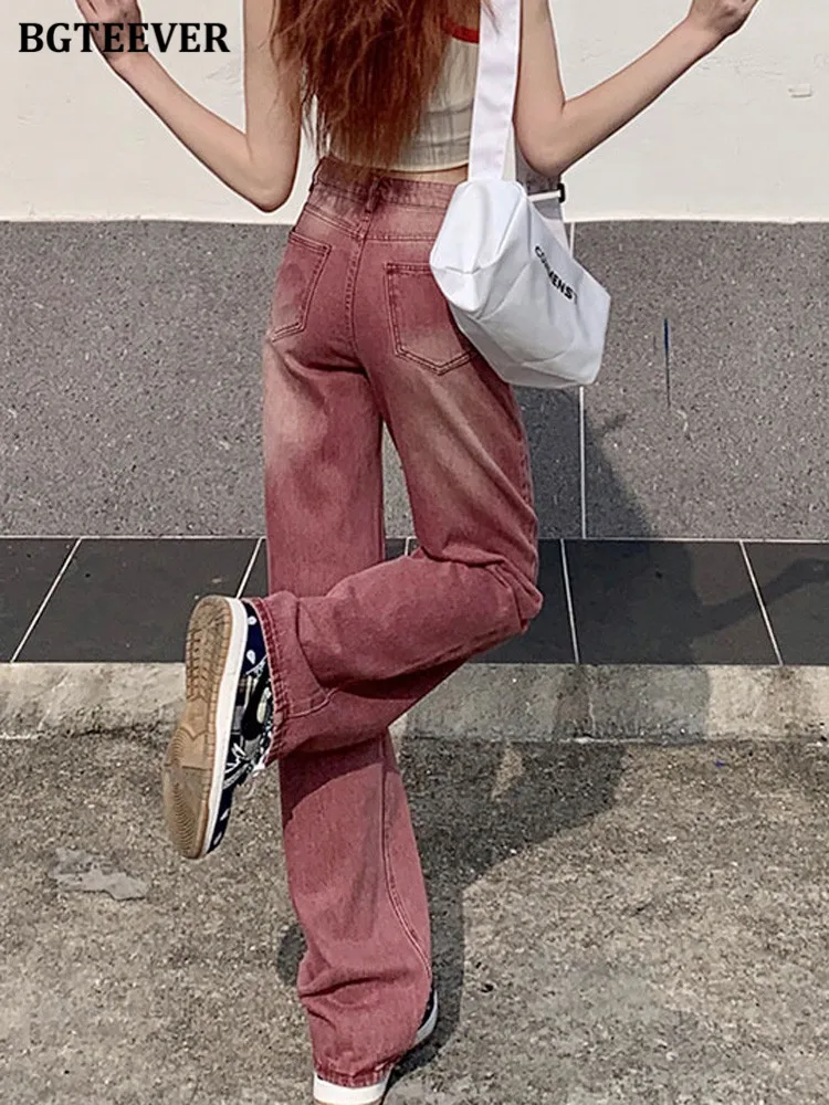 BGTEEVER Vintage High Waist Single Button Female Straight Jeans Spring Summer Loose Pockets Washed Women Long Denim Pants