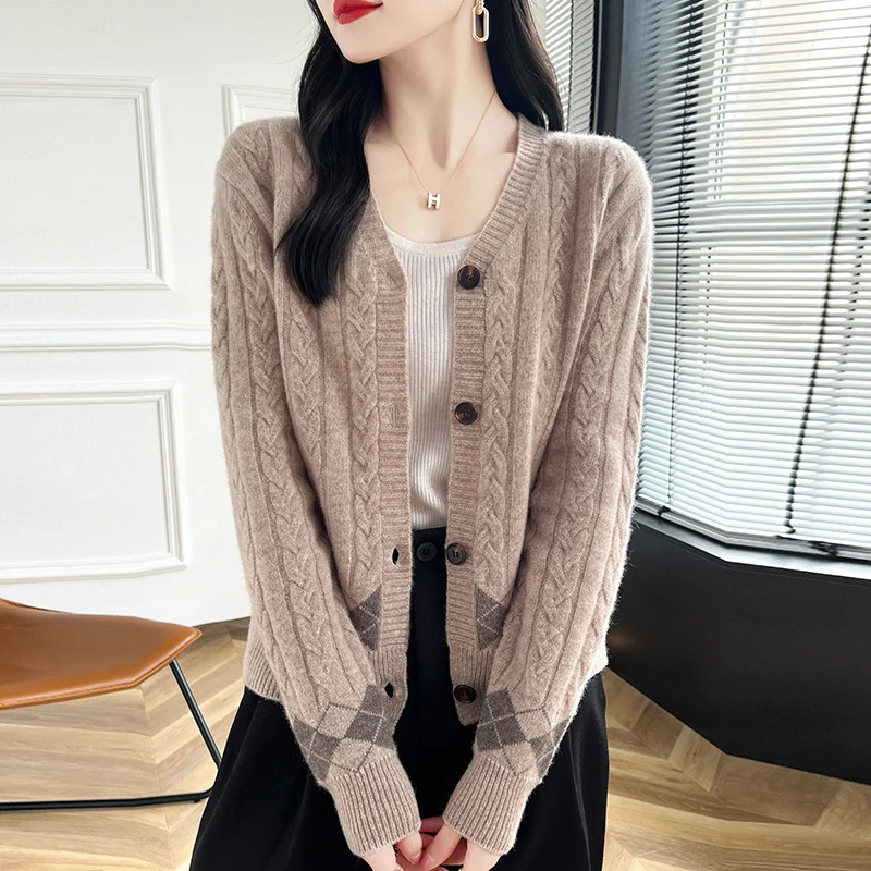 100% Wool Cashmere Cardigan Sweater Women\'s Autumn/Winter V-Neck Knit Long Sleeve Casual Loose Clothing Korean Fashion Pullover