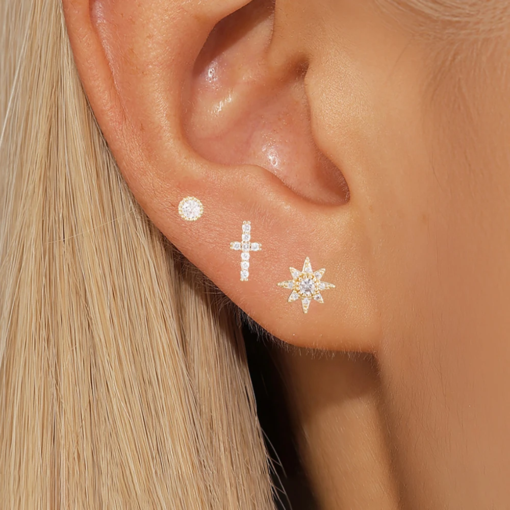 3Pcs Fashion Cross Star Small Zircon Stud Earrings for Set Women 2026 Classic Simple Push-And-Pull Type Ear Stud Girls Jewelry