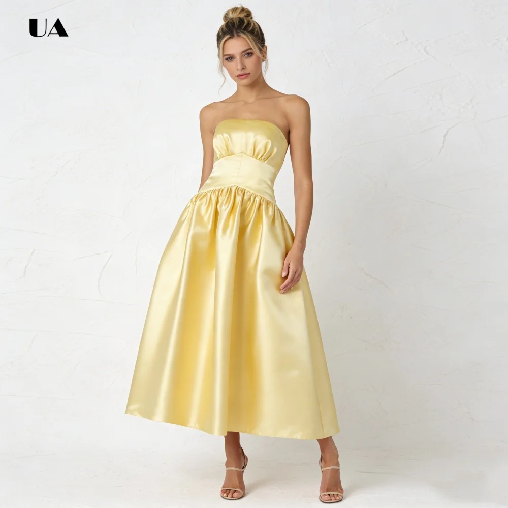 

ULBYANRN Strapless A-line Prom Dress, Solid Satin Evening Dress, Ruched Customized Party Gown with Side-seam Pockets at Hips