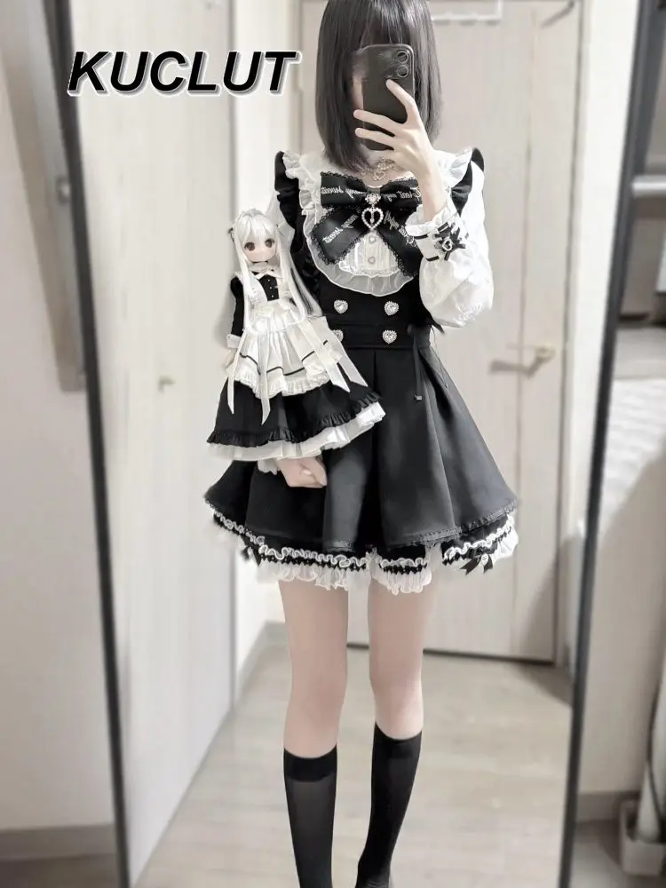 

Japanese Lolita Girls Mine Mass-produced Waist and Thin Bow Long-sleeved Dress + Bottom Skirt Set Women's Dress Two-piece Set