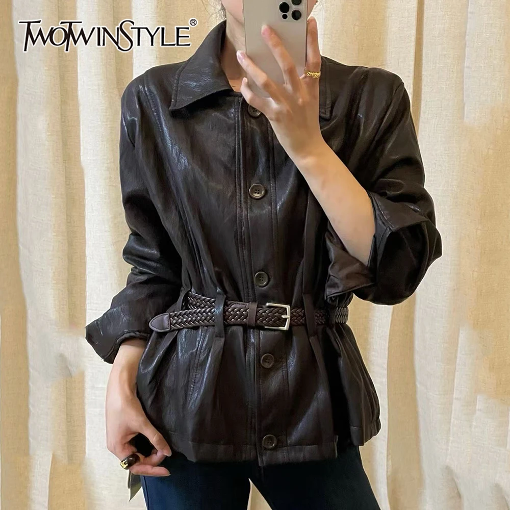 

TWOTWINSTYLE, однотонная крутая куртка с поясом, женская куртка с лацканами и длинными рукавами, утягивающие женские куртки в стиле ретро, осенняя мода, новинка