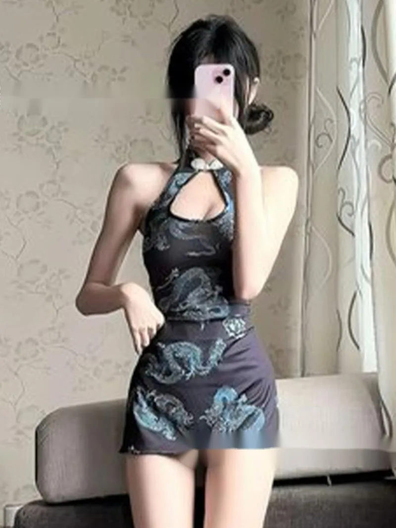 Floral Totem New Chinese Style Dragon Pattern Cheongsam Dress Trendy Backless Deep V Hanging Neck Sleeveless Dress Elegant 5TAJ