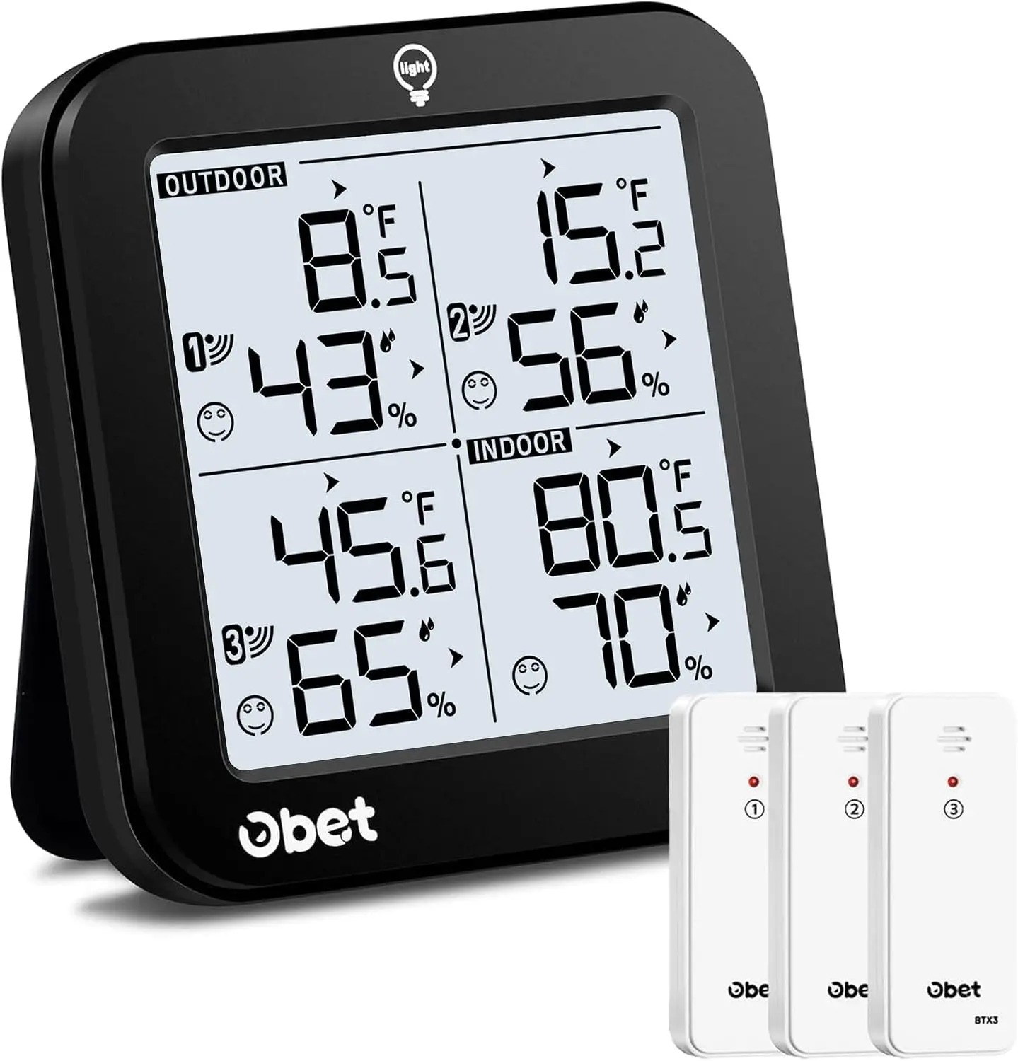 

Wireless Indoor Outdoor Thermometer with 3 Sensors, 500ft Range, Humidity Monitor, Adjustable Backlight, Min Max Data - Black