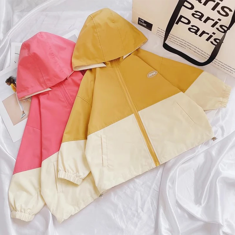 Colorblocking Trench Coats Spring Girls Fashion Hooded Jackets Autumn Children Clothes New Casual Zipper Outerwear 1-12 Year Old