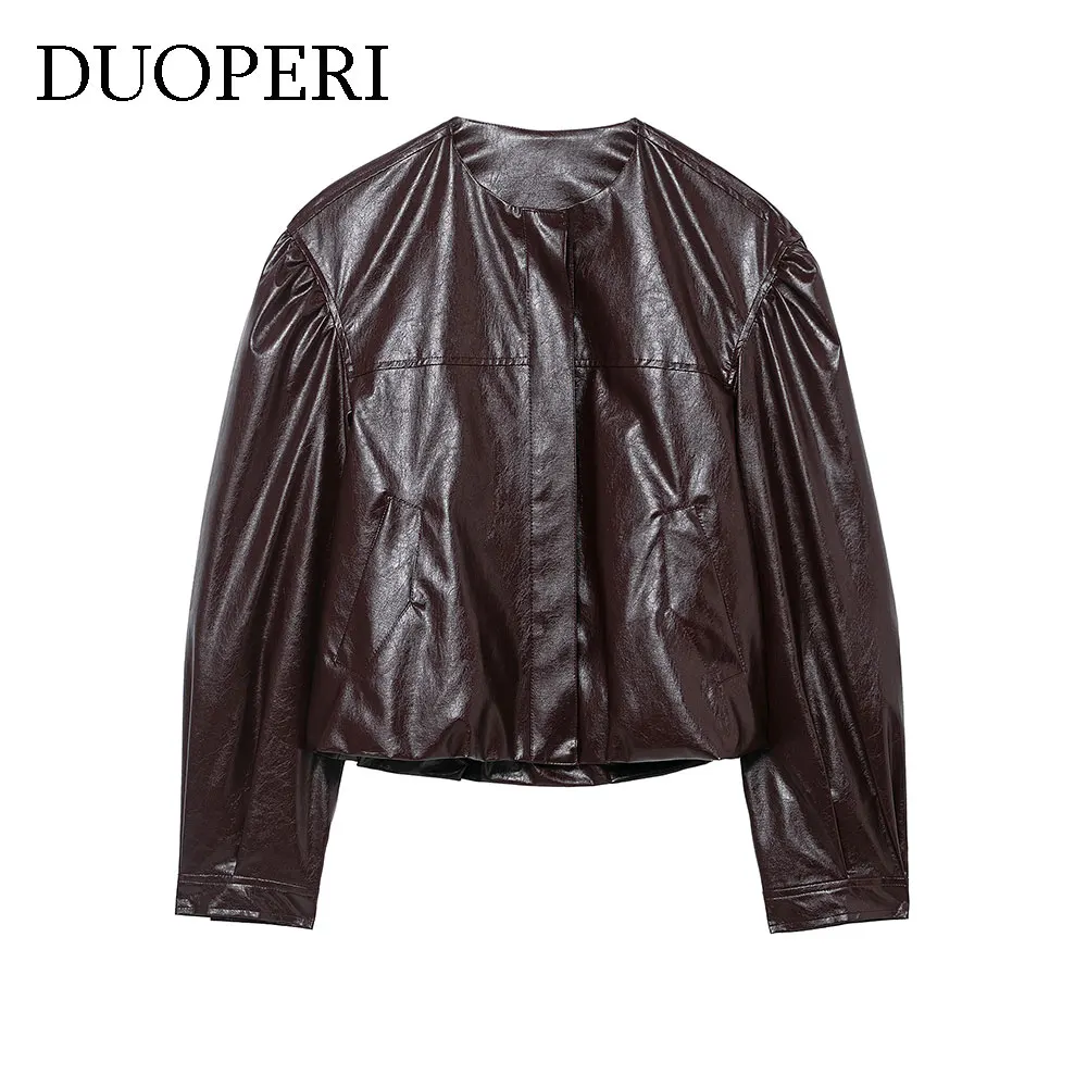 DUOPERI Women Fashion PU Coffee Bomber Jackets Casual O-Neck Long Sleeves Coats Female Elegant Chic Lady Outfits