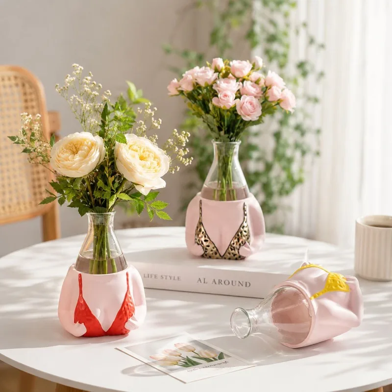 European Bikini Shape Glass Vase Hydroponic Flower Pot for Living Room Office Dining Table Art Resin Vase Home Decoration Gifts