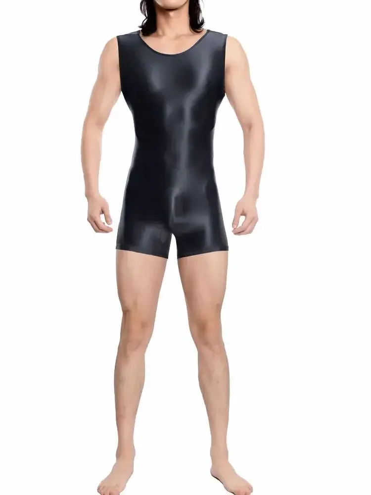Sexy Men High Elastic Yoga Shaping Bodysuit Sleeveless Playsuit Satin Shiny Tank Top Elastic Tights Maid Home Leotard Plus Size