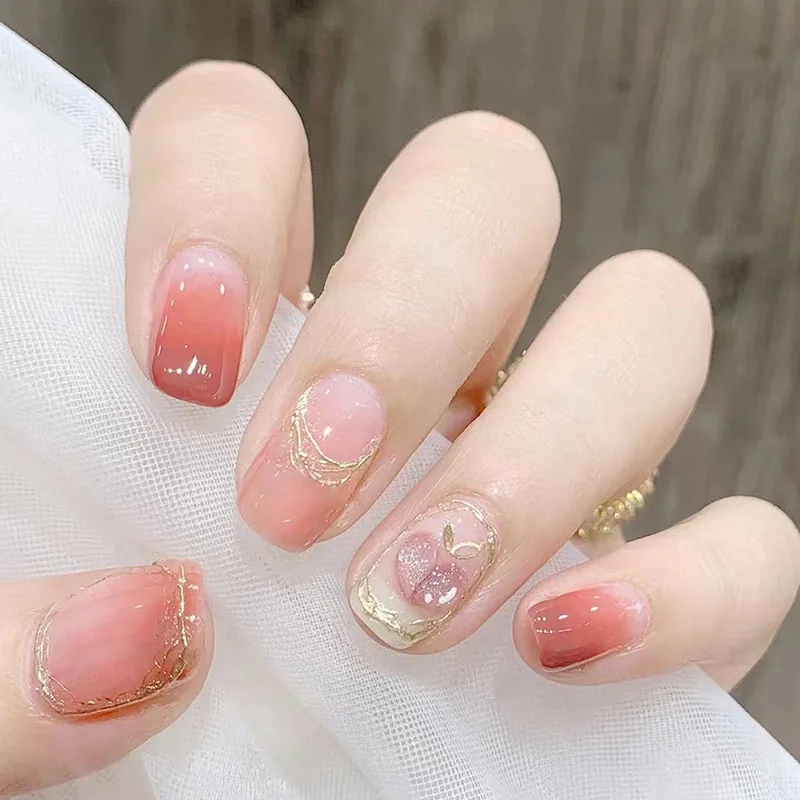 Faux ongles à tête carrée mi-longue, 24 pièces, avec fleur, poudre brillante, à pression, strass, couverture complète détachable