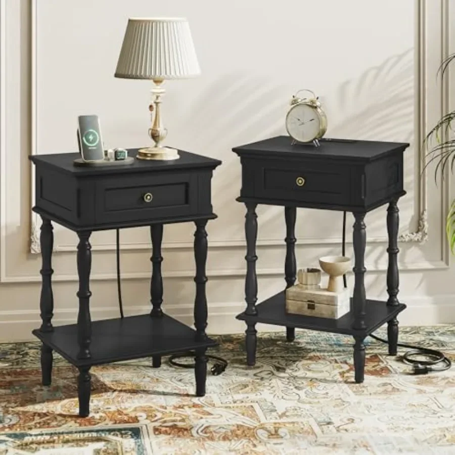 Nightstands Set of 2 with Charging Station and Storage Shelf
