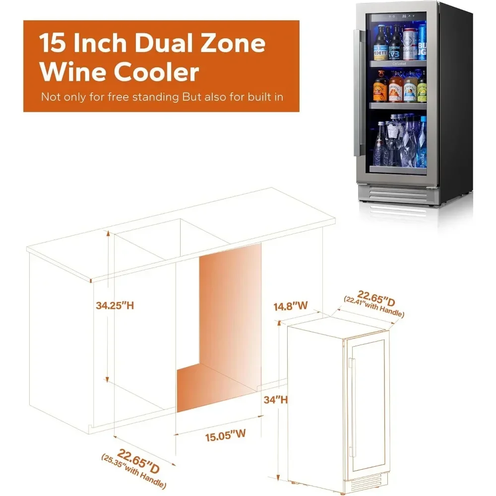 Refrigerador independiente de bebidas de 15 pulgadas, capaz de almacenar 100 latas de bebidas. Refrigerador 34 ° F -54 ° F