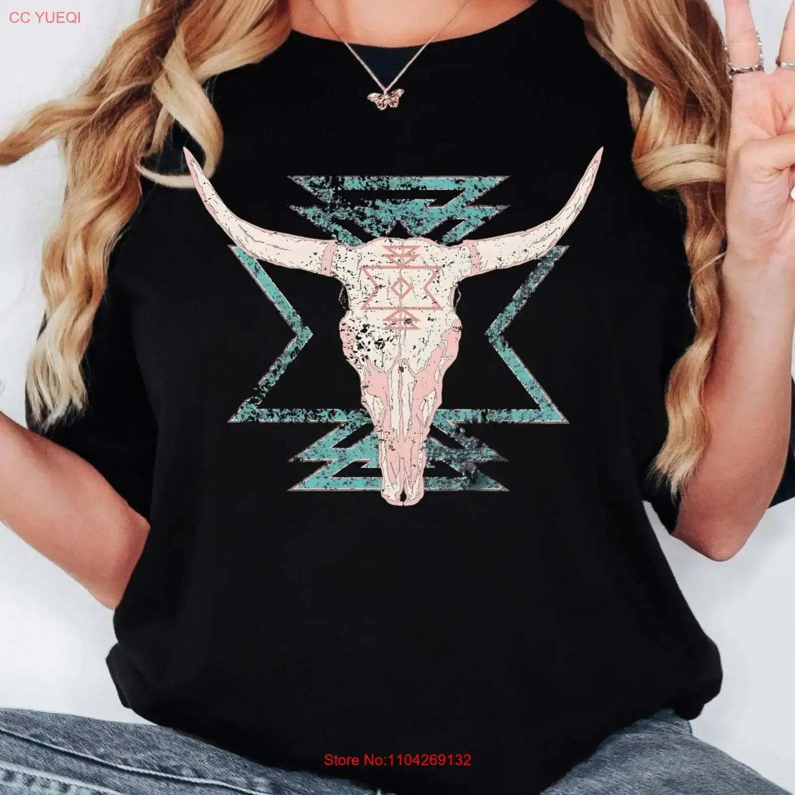 Boho Cow Skull T Shirt Western Bull Cowgirl Cou vintage Washed streetwear Soft Casual Stylish Stretched Comfortable graphic