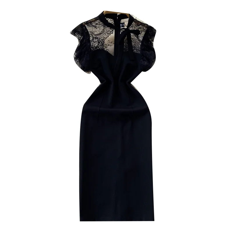 فستان دانتيل بتصميم عتيق مع فتحات، خصر مرتفع، تنحيف الجسم، شق مثير، تنورة ضيقة، سحاب، رقبة مستديرة، أكمام طويلة، تصميم على شك...