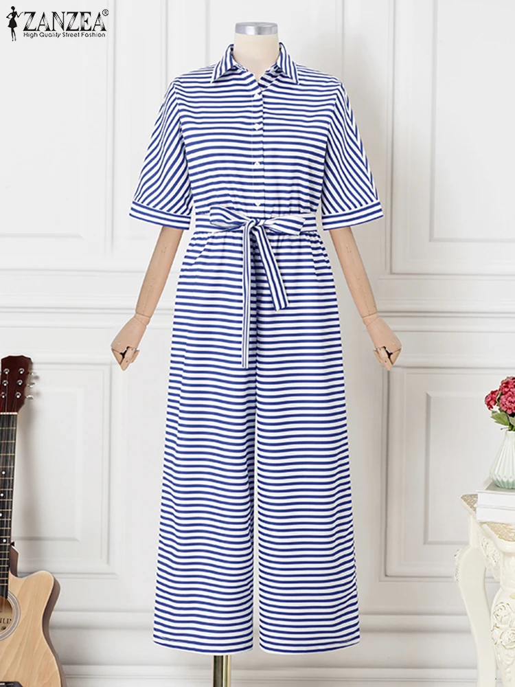 

ZANZEA 2025 Women Casual Wide Leg Jumpsuit Striped Printed Jumpsuit Holiday Shirt Collar Belted Playsuit Half Sleeve Overalls