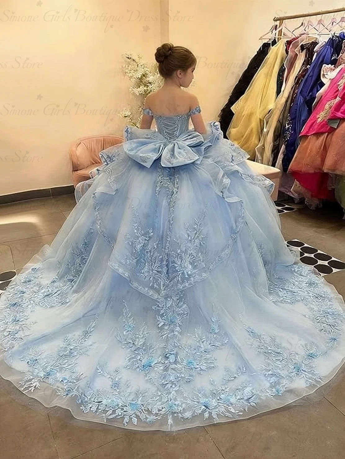 Customized Off Shoulder Light Blue Lace Appliqued Mini Quinceanera Dresses Flower Girl Dress With Bow Girl Party Dress Birthday