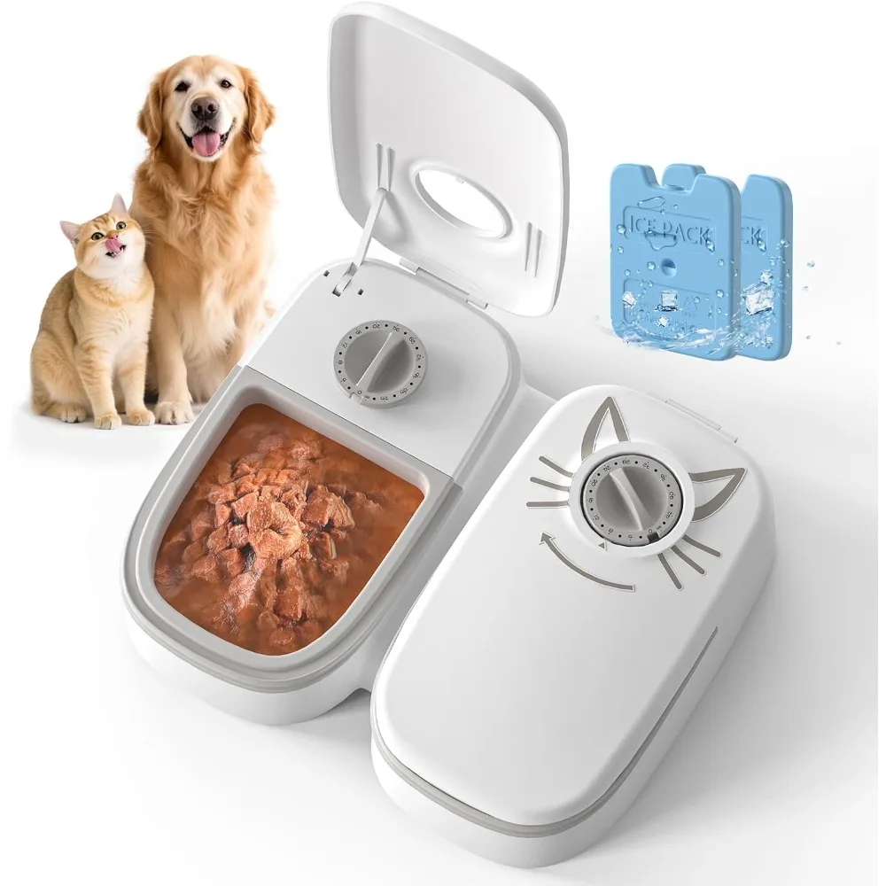 Comedero automático para gatos de 2 harinaciones, dispensador refrigerado de comida húmeda para gatos con cronometrado de 48H con 2 paquetes de hielo para cachorros y gatitos en yogur a