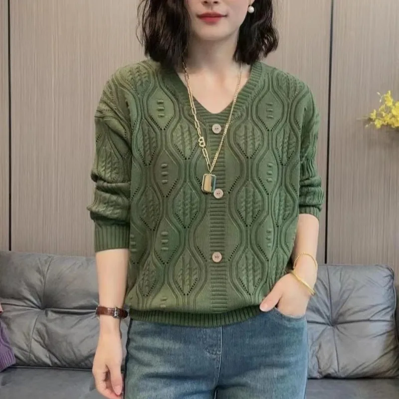 Women\'s Spring Autumn New Commute Fashion V-neck Hollowed Out Solid Color Versatile Long Sleeve Loose Pullover Knitted Tops