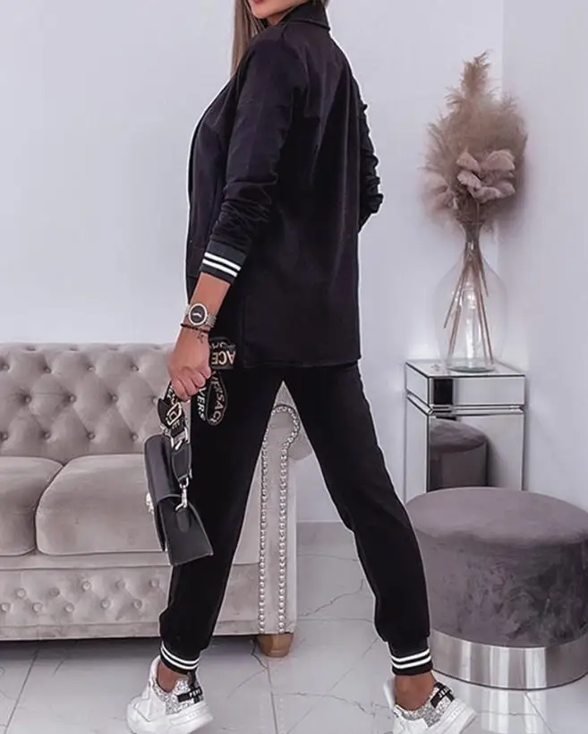 Striped Cuffs, Shawl Collar Jacket, and Ruffled Striped Leggings, Black Women's New Fashionable Commuting Casual Set