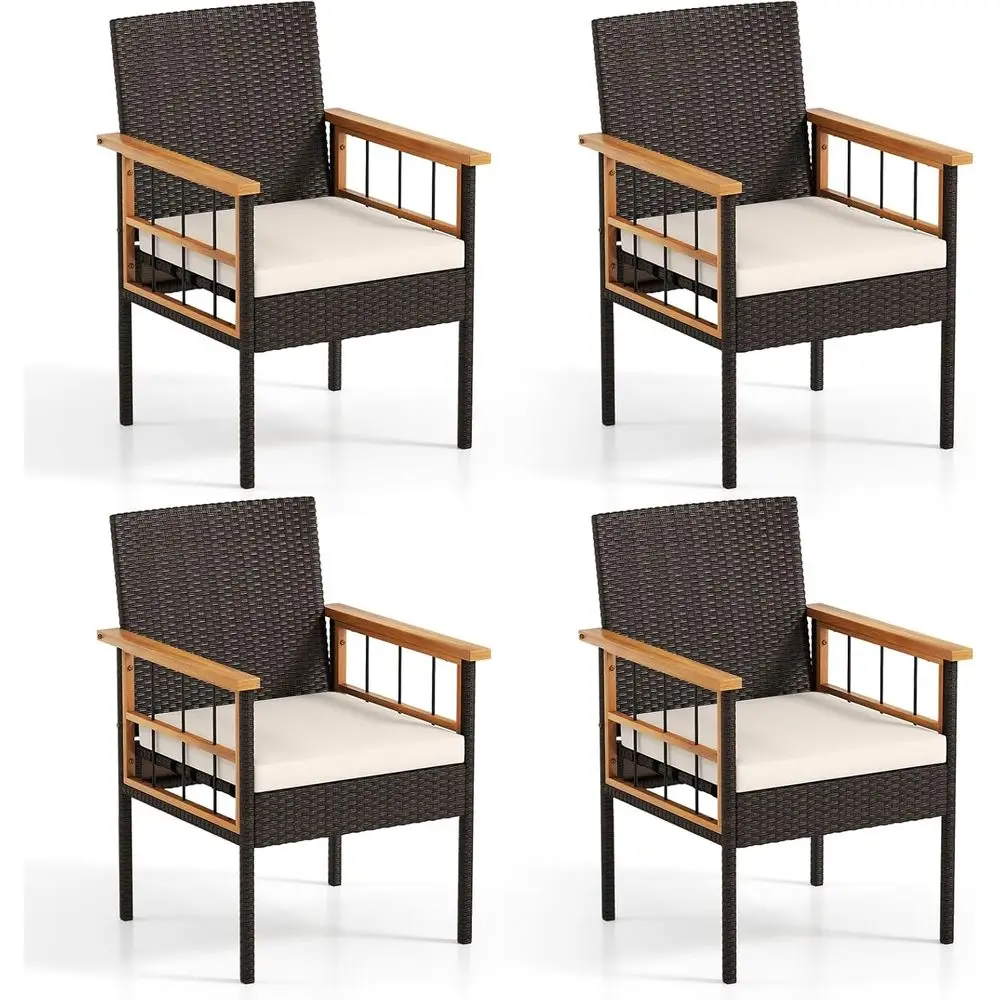 

Набор из 4-х плетеных обеденных стульев для патио из акации с подушками, прочные уличные кресла для сада, террасы, двора, у бассейна