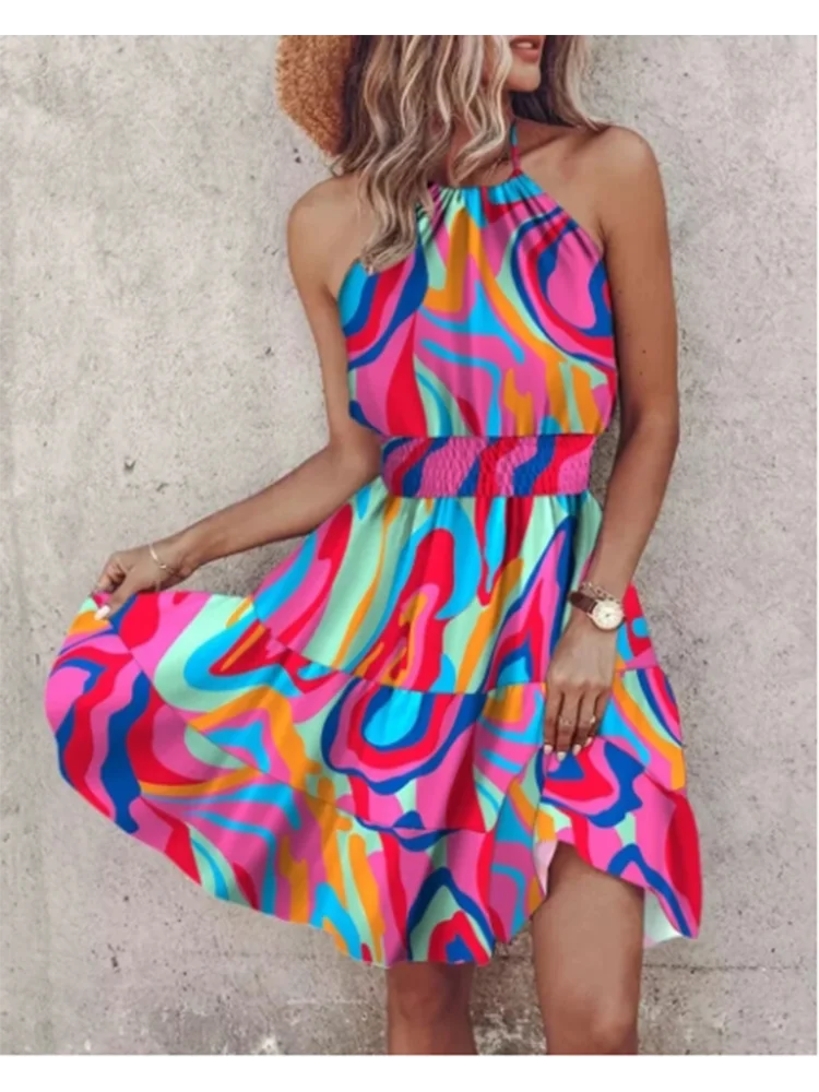 

Sexy Colorful Printed Sleeveless Dress Women's Beach Vacation Mini Dresses Summer Bohemian A Line Dresses