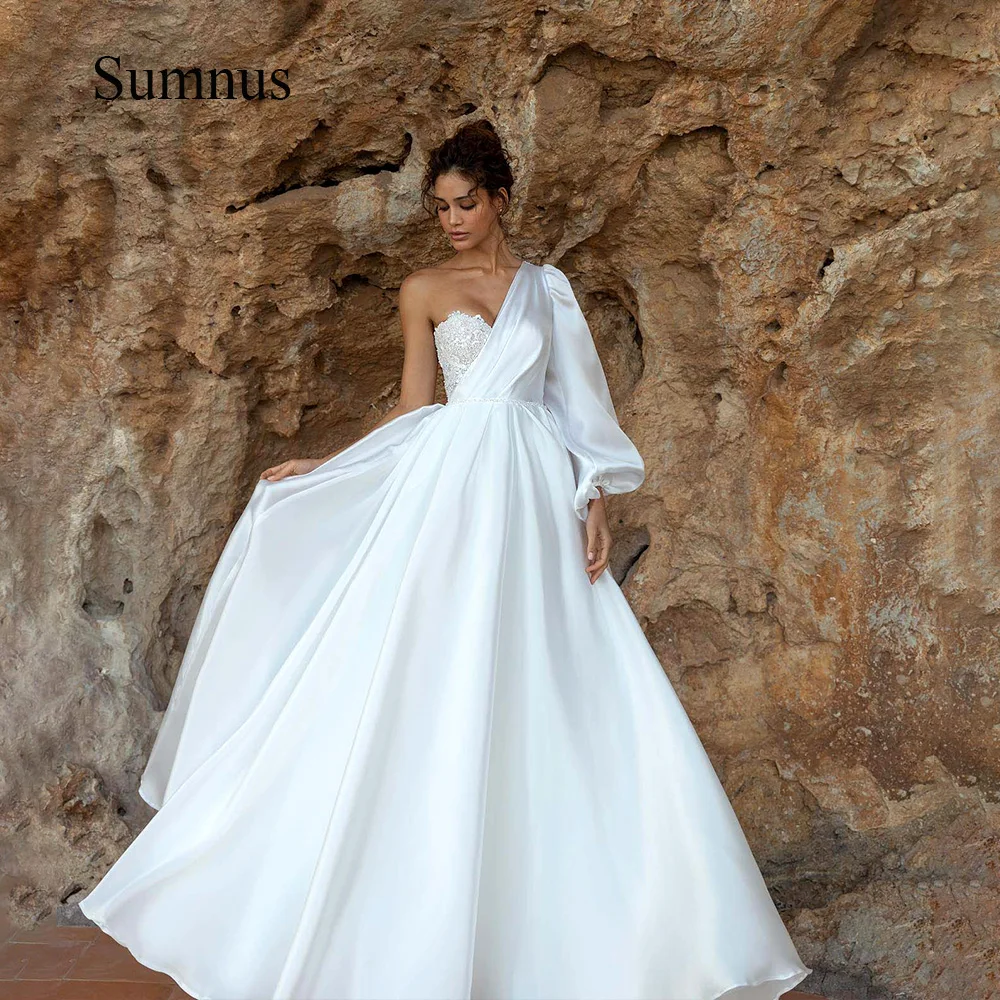 

Sumnus White Satin Wedding Dresses Sexy One Shoulder Long Princess Bride Party Dress Simple Bridal Gowns Vestidos De Novia