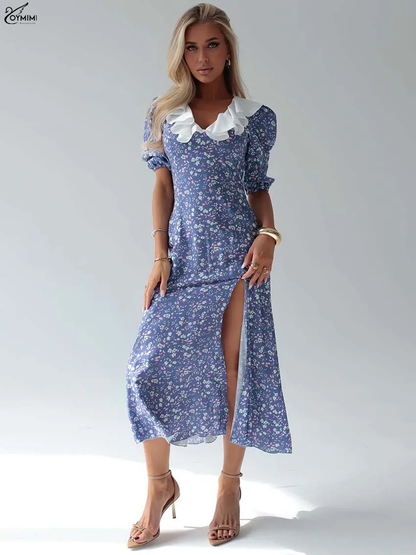 

Oymimi Elegant Blue Print Dresses 2025 Woman Fashion Patchwork Short Sleeve Dresses Casual Side Slit Mid-Calf Dress Streetwear