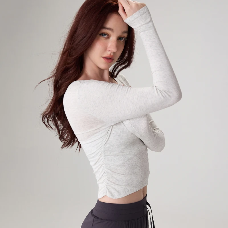 DANCEFISH Large Round Neck Tight Hot Girl Yoga Top Pleated Slim-Fit Elegant Sportwear Long Sleeve Running Fitness Short T-Shirt