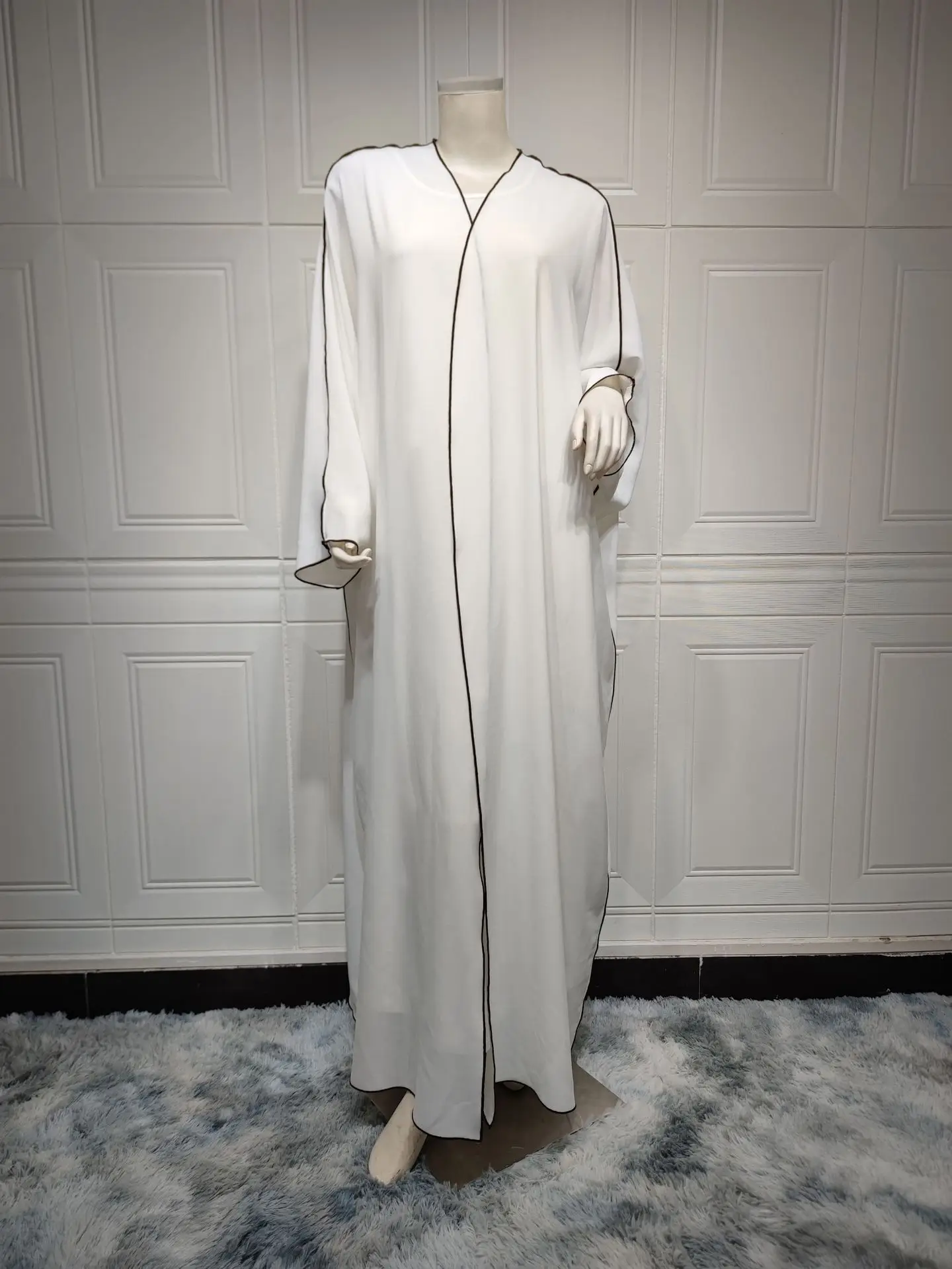 Modest Kimono Abaya White Middle Eastern Muslim Dubai Cardigan Robe for Women Contrast Patchwork Trim Islamic Clothing Eid New