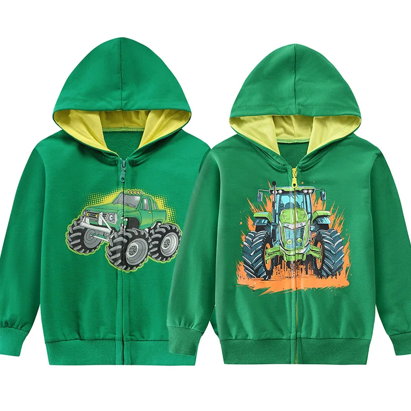 Little Hand Kids Long Sleeve Zip Up Hooded Sweatshirt Boys Cool Truck Tractor Print Casual Outer Jacket with Pocket for 2‑7Years
