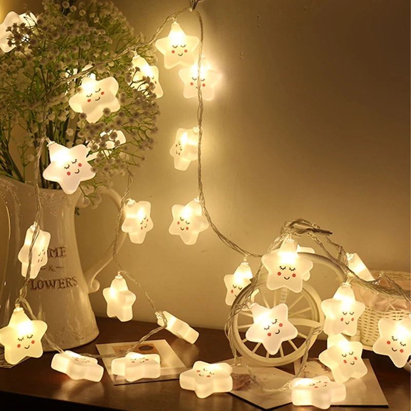 Guirnalda de luces LED con forma de estrella sonriente para niños, decoración de noche con batería/recarga USB, decoración de dormitorio, lámparas