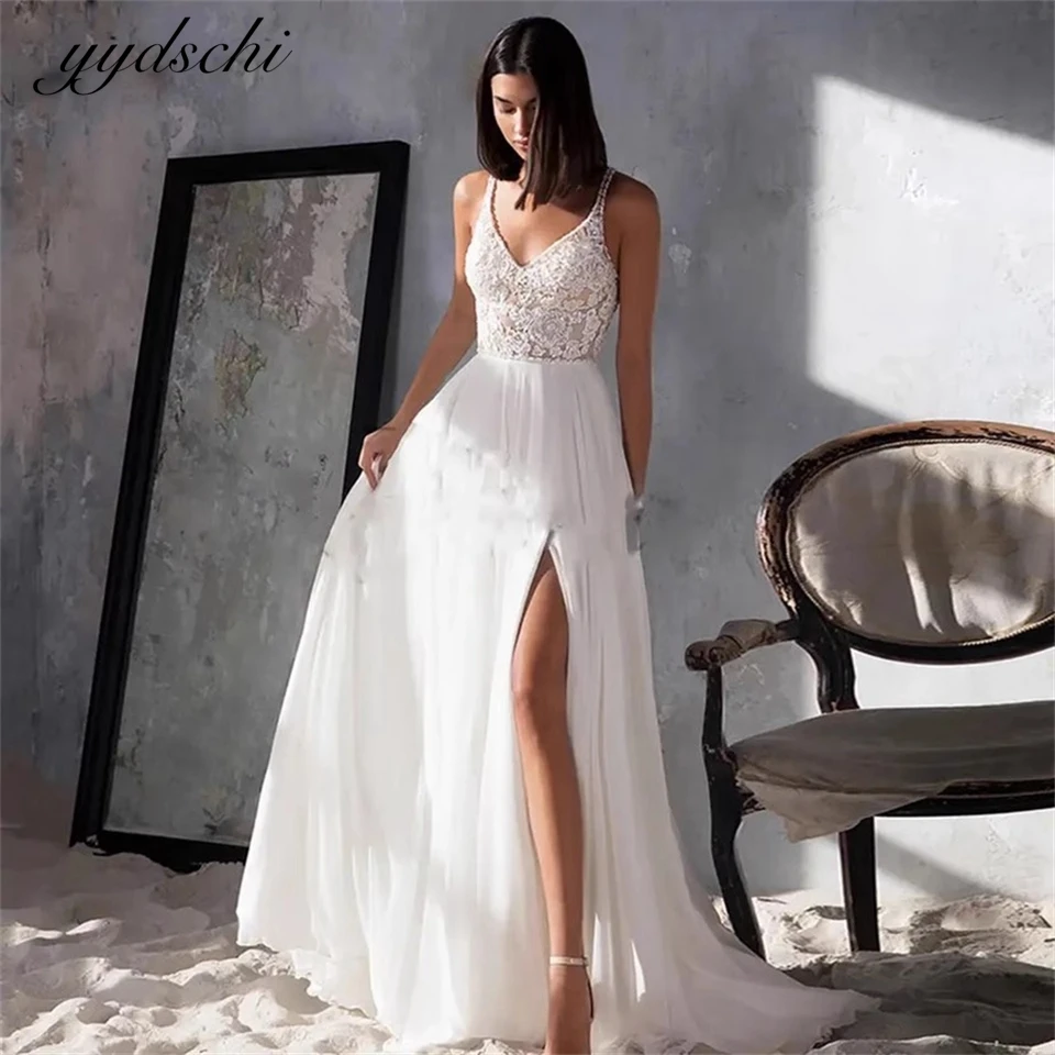 

Sexy V-Neck Chiffon Spaghetti Strap High Slit A-line Wedding Dresses For Woman 2024 Sweep Train Bridal Gowns vestidos de novia