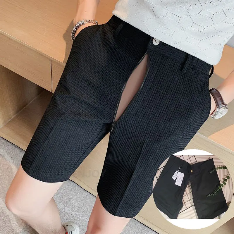 Invisible Open-Seat Pants Outdoor Sex Shorts Men\'s Summer Suit Solid Color Shorts Korean Style Slim Fit Elasticated Waist Shorts