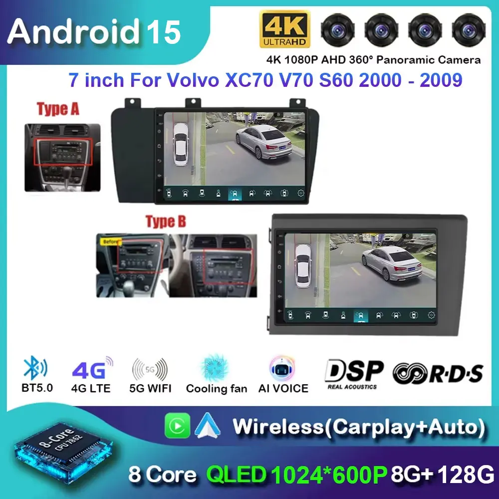 7 "Android 15 para Carplay Auto Volvo S60 2000 - 2004 para Volvo XC70 V70 2005 - 2009 reproductor estéreo Multimedia para coche navegación GPS
