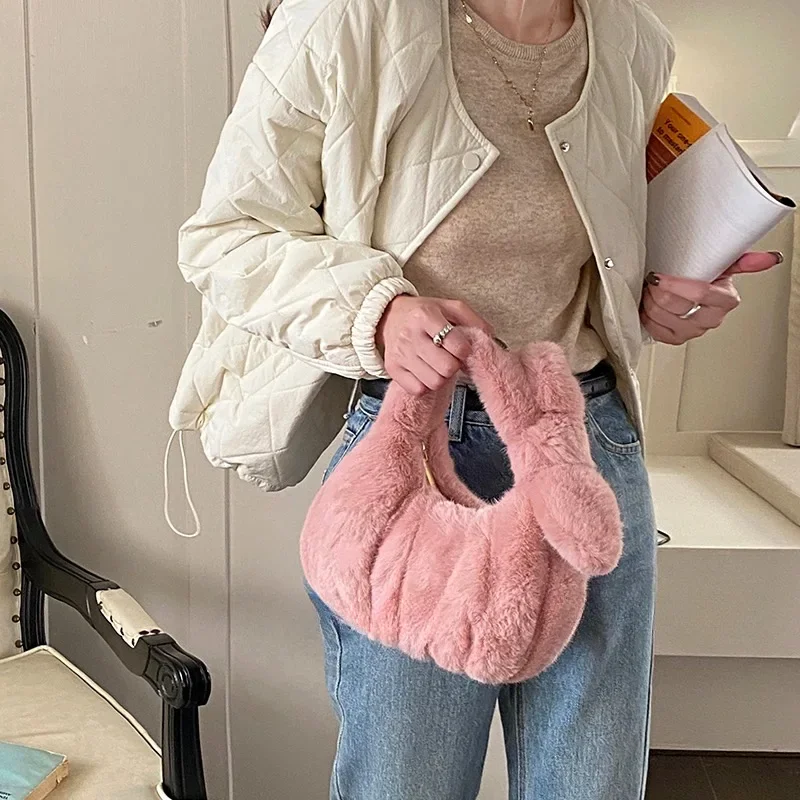 

Autumn-Winter Plush Cloud Clutch Women's Solid Color Wrinkled Tote, Multi-Functional Faux Fur Square Purse for Casual & Evening