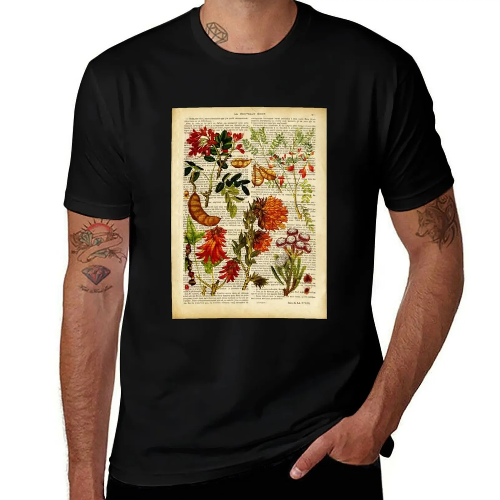 Botanical print, on old book page - garden flowers T-Shirt Casual Work Wear T-Shirt